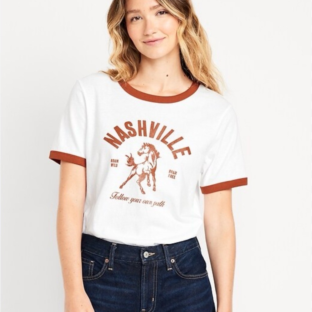 Old Navy White Ringer Tee with Rust Trim